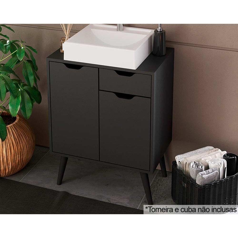 Gabinete de Banheiro c/ Pés BN3637 s/ Cuba 2 Portas e 1 Gaveta60cm cor Preto - Tecno Mobili