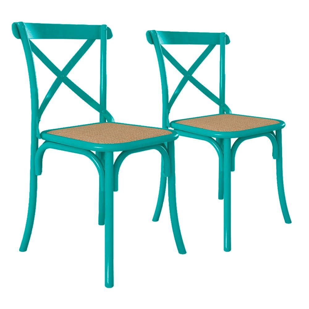 Kit 2 Cadeiras Jantar Cross Katrina X Azul Turquesa Assento Bege Aço