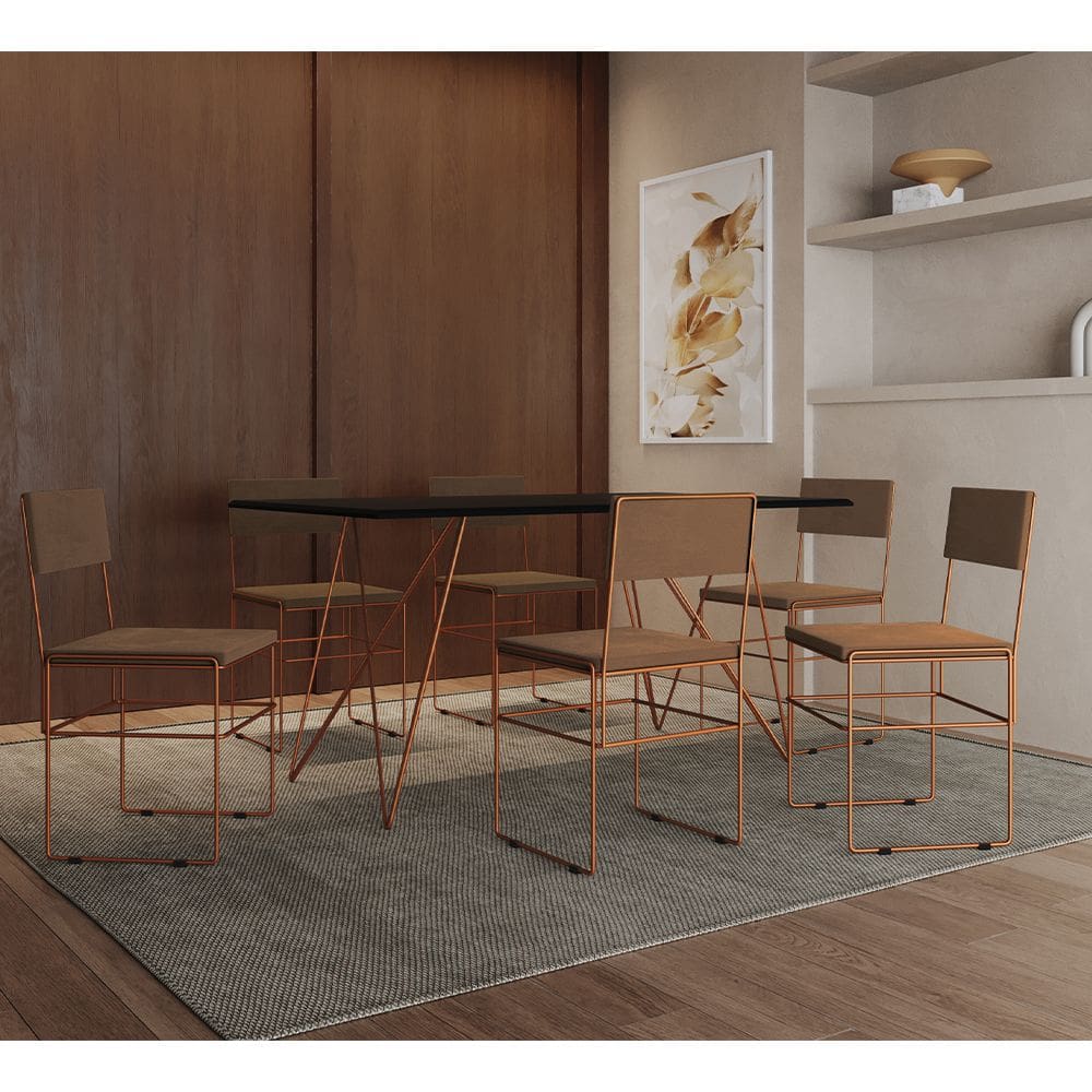 Mesa Jantar Retangular Industrial Trama 1,50x0,90m Preta com 6 Cadeiras Estofadas Marrom e Cobre Vit