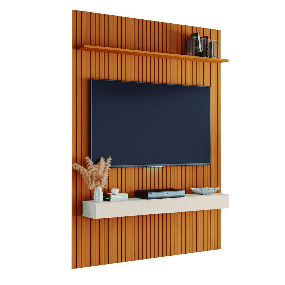 Painel para TV até 55 Polegadas 1,39x2,40m Ripado com Nicho Arbo Cedro/Off White EDN