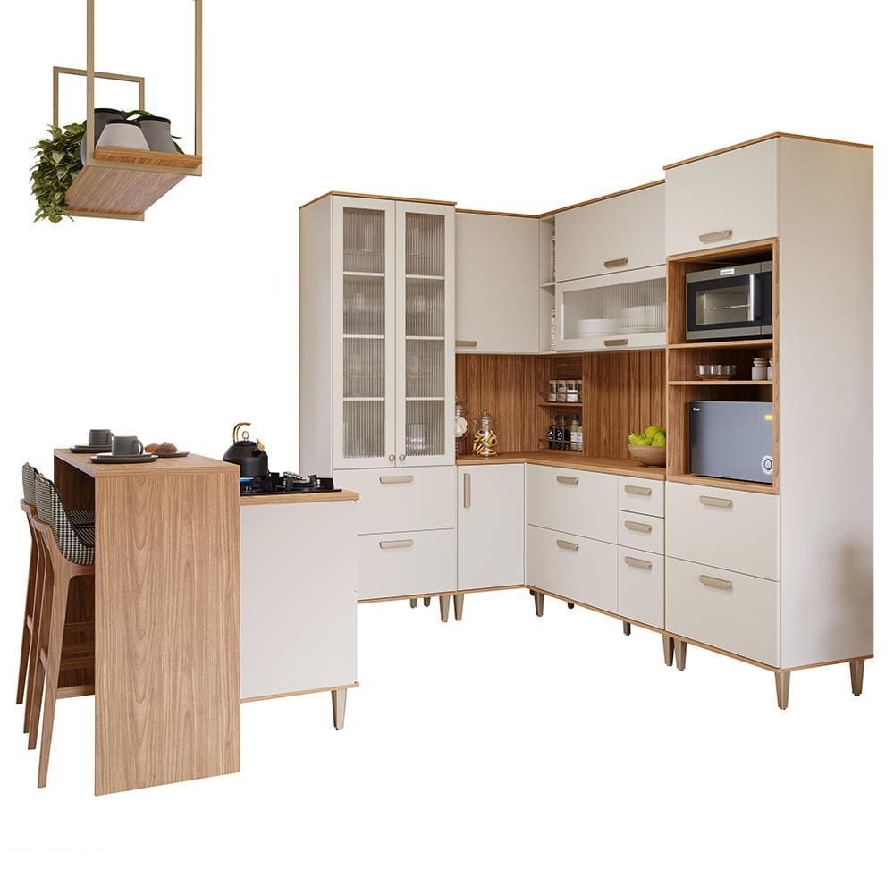 Cozinha de Canto Modulada Bella 12 Peças com Ilha Gourmet e Prateleira Suspensa - MGM