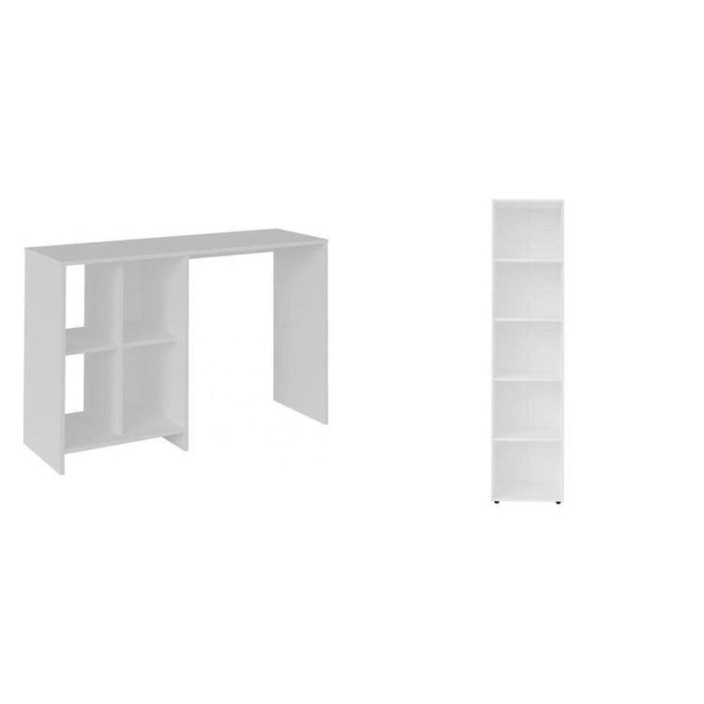 Kit 2 Peças com Escrivaninha com 4 Nichos e Estante para Livros 5 Prateleiras Branco