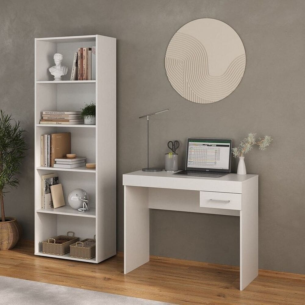 Kit 2 Peças com Escrivaninha com Gaveta e Estante para Livros 5 Prateleiras Branco