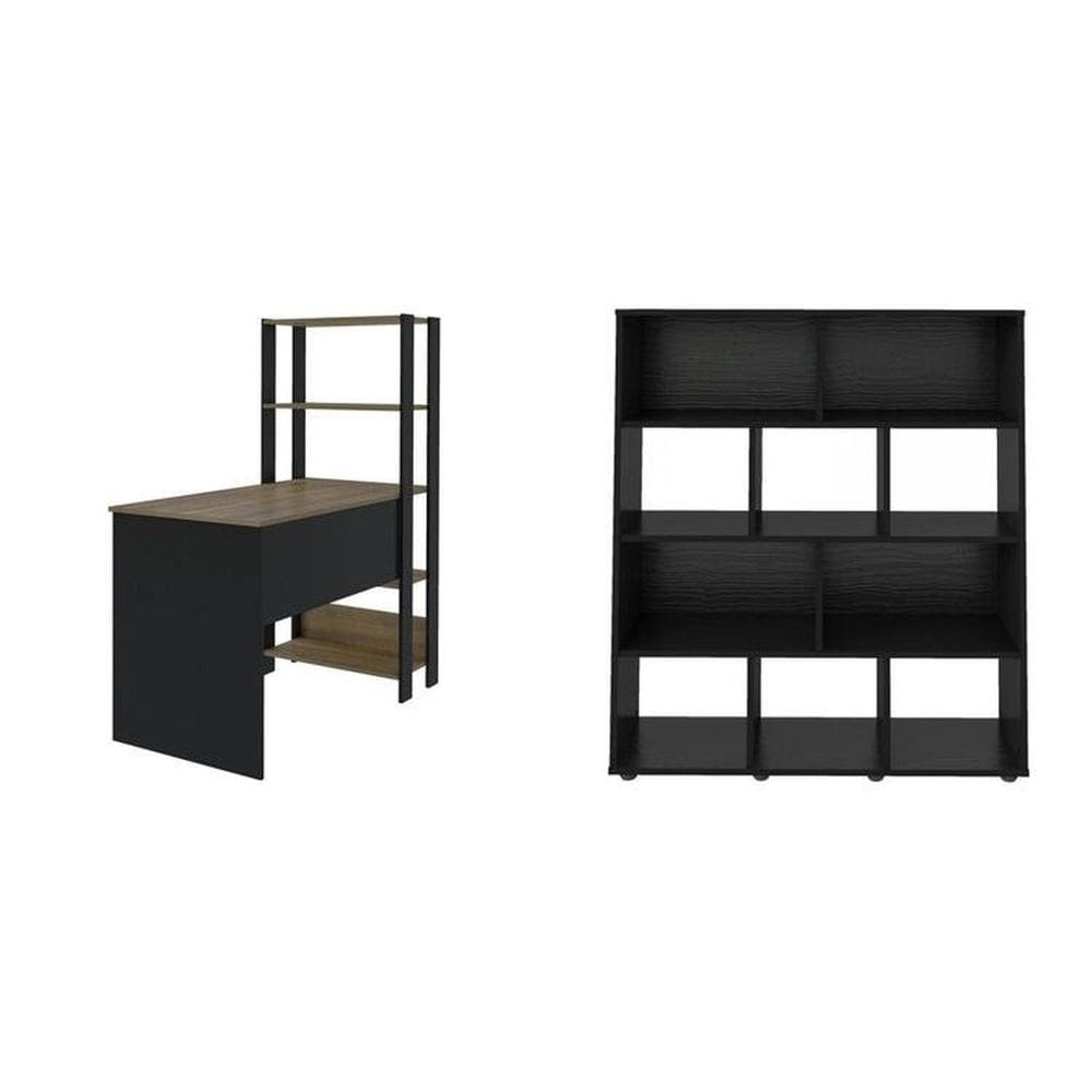 Kit 2 Peças com Escrivaninha Match e Estante para Livros 10 Nichos Preto/Pinho