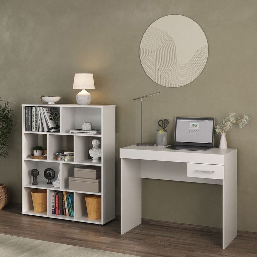 Kit 2 Peças com Escrivaninha com Gaveta e Estante para Livros 10 Nichos Branco