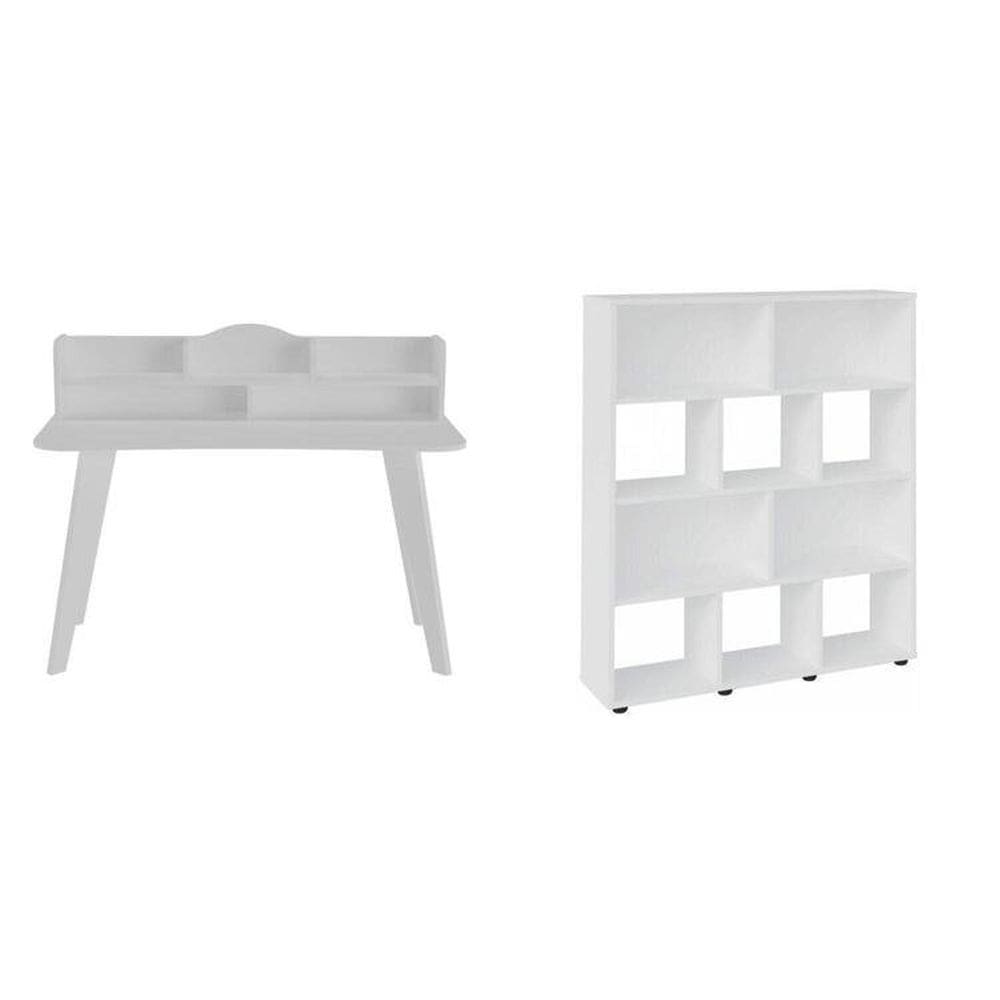 Kit 2 Peças com Escrivaninha 120cm e Estante para Livros com 10 Nichos Branco