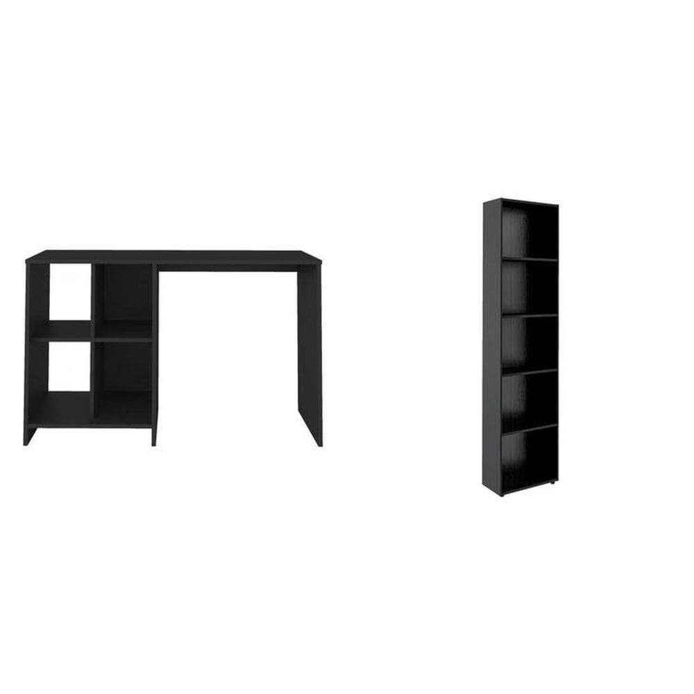 Kit 2 Peças com Escrivaninha com 4 Nichos e Estante para Livros 5 Prateleiras Preto