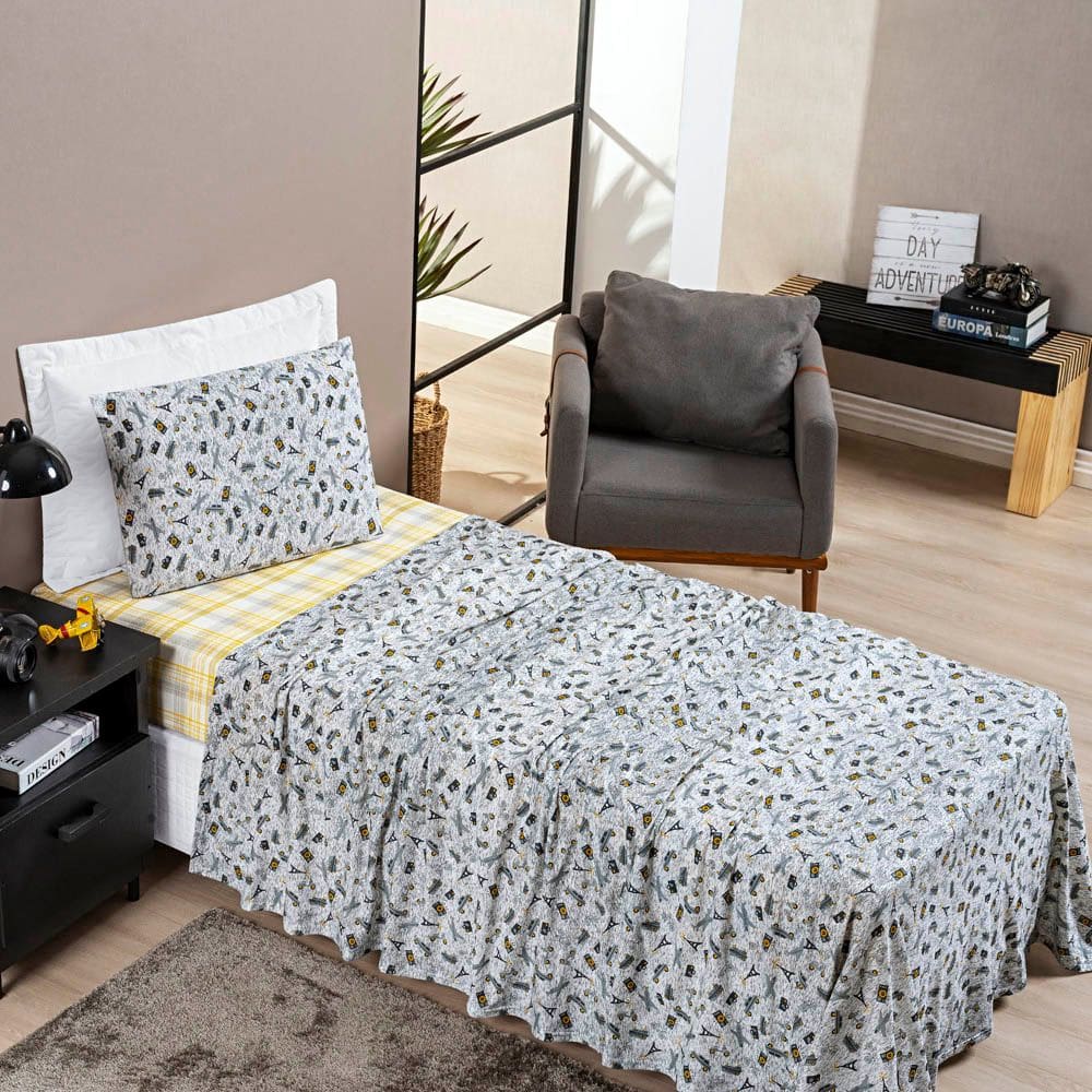 Jogo Cama Lençol Studio Solteiro Malha Estampada 100% Algodão Meninas 3 Peças - Adventure - Cinza