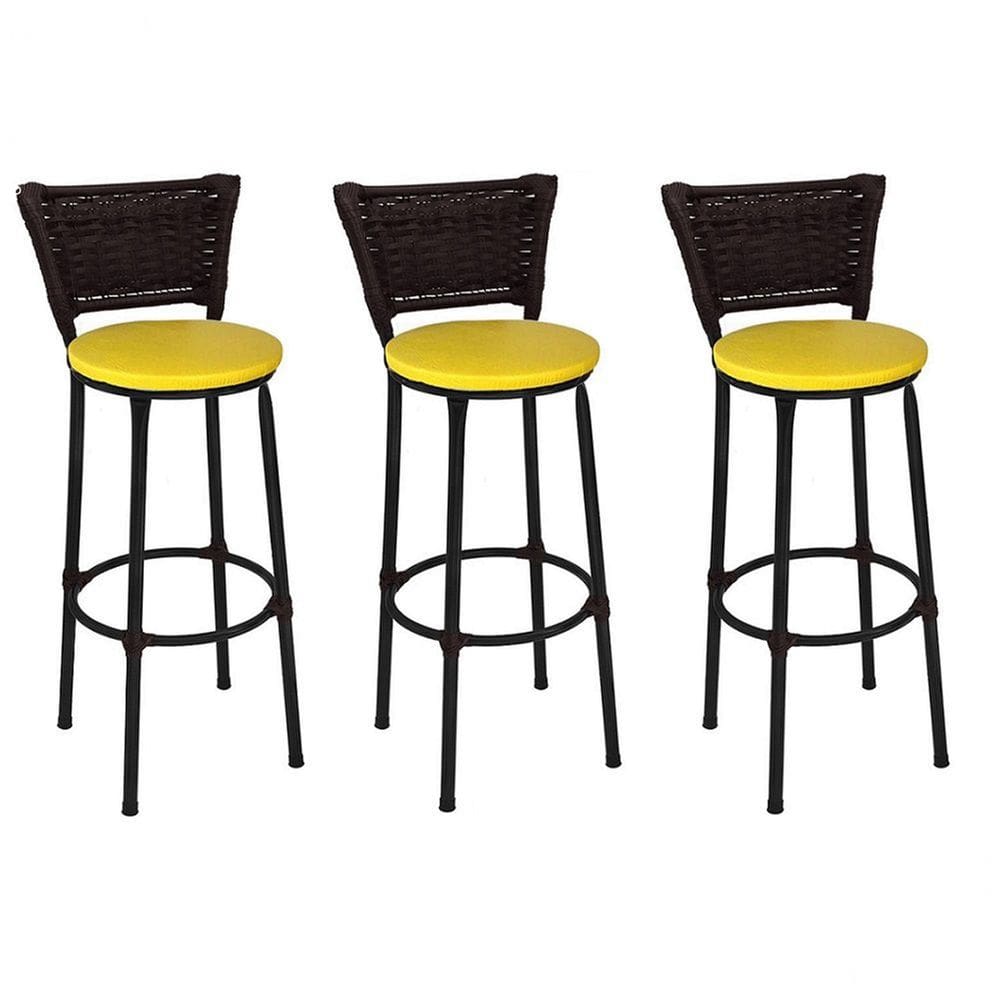 Kit 3 Banquetas Altas Preta com Encosto Junco Argila Assento Amarelo
