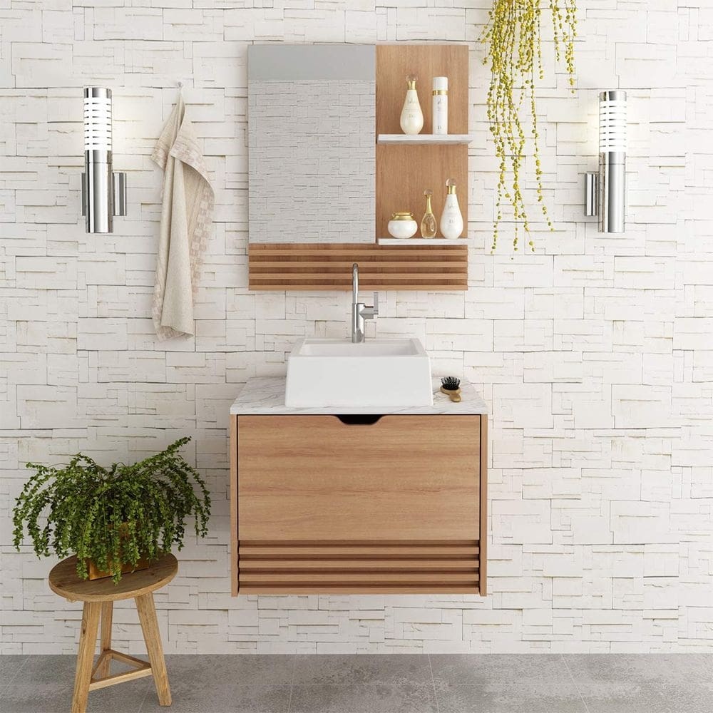 Gabinete Suspenso com Espelheira Prateleira Amêndoa Mármore Branco