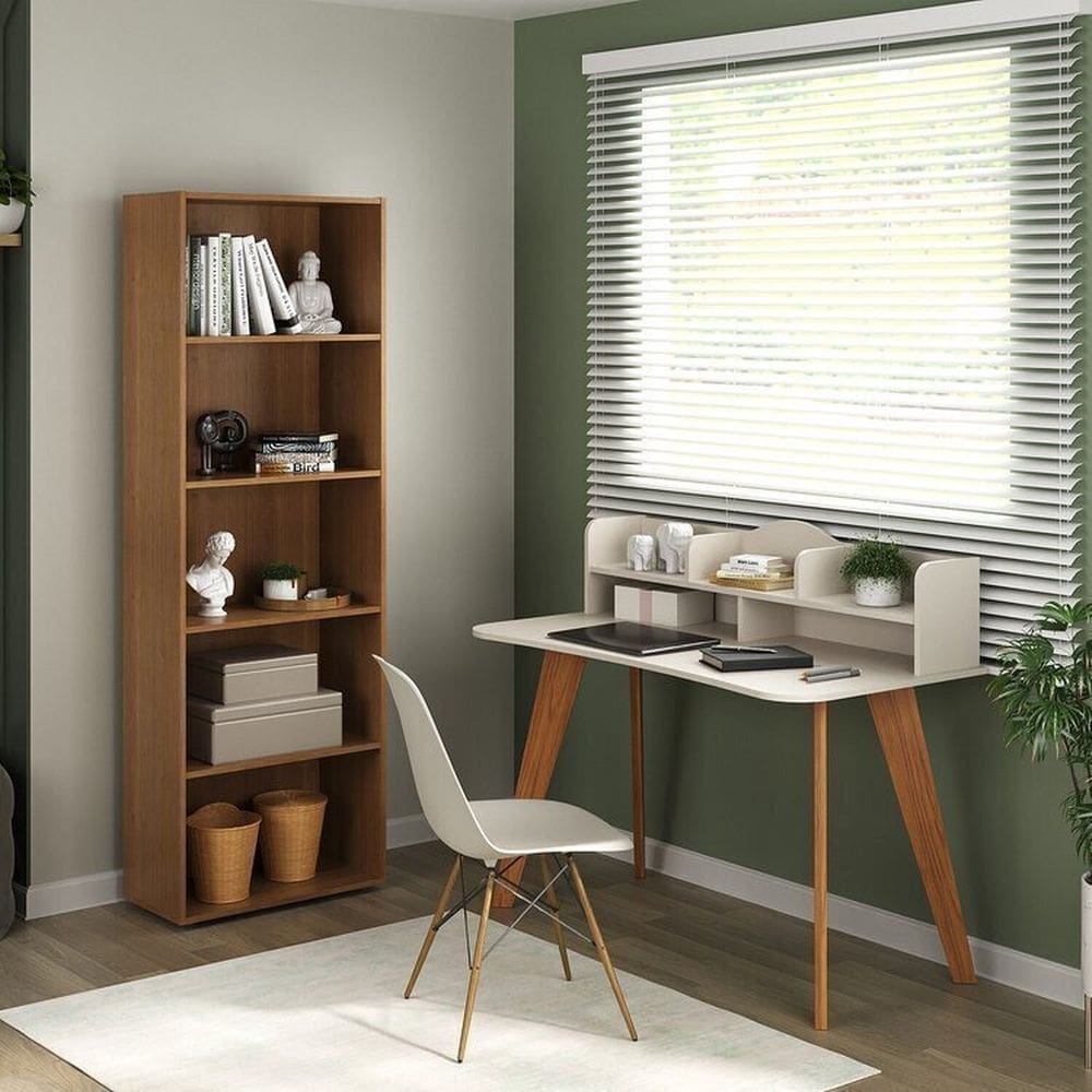 Kit 2 Peças com Escrivaninha 120cm e Estante para Livros com 5 Prateleiras Off White/Cedo