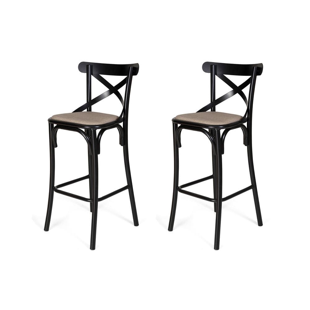 Kit 2 Banquetas Katrina Premium com Encosto em Aço Preto Assento Bege