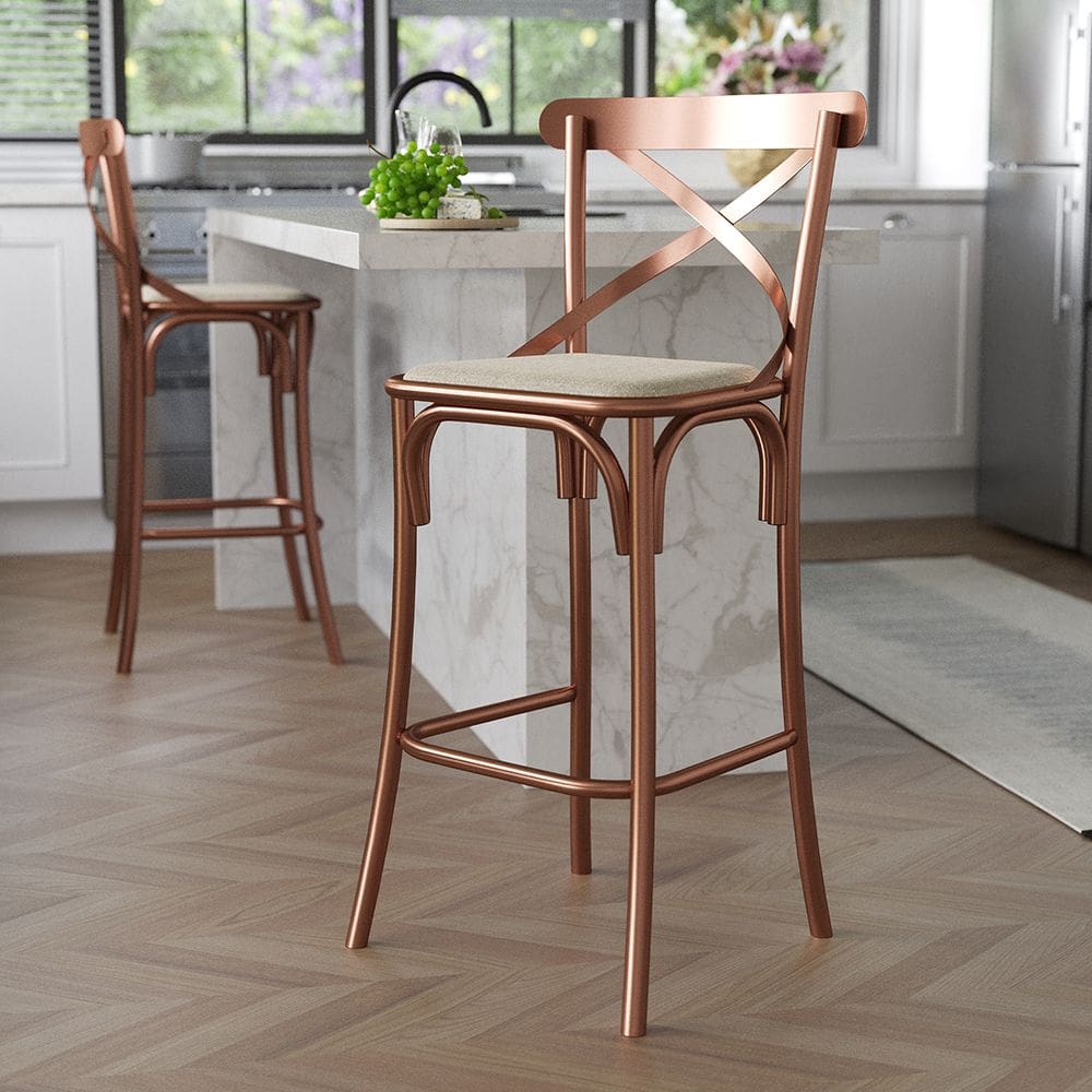 Banqueta Katrina Premium Bar Cozinha Balcão em Aço Cobre Assento Bege