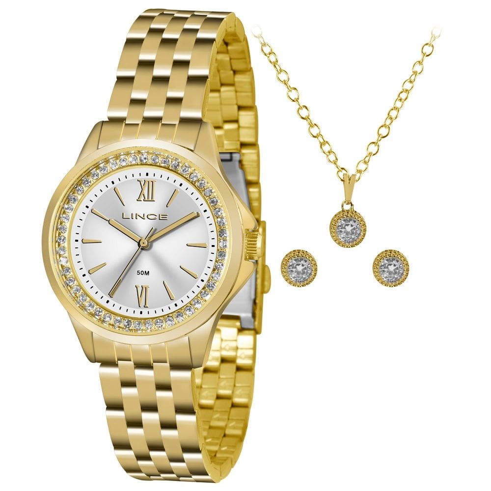 Kit Relogio Lince Feminino Lrg4519l Ku76 Dourado Strass