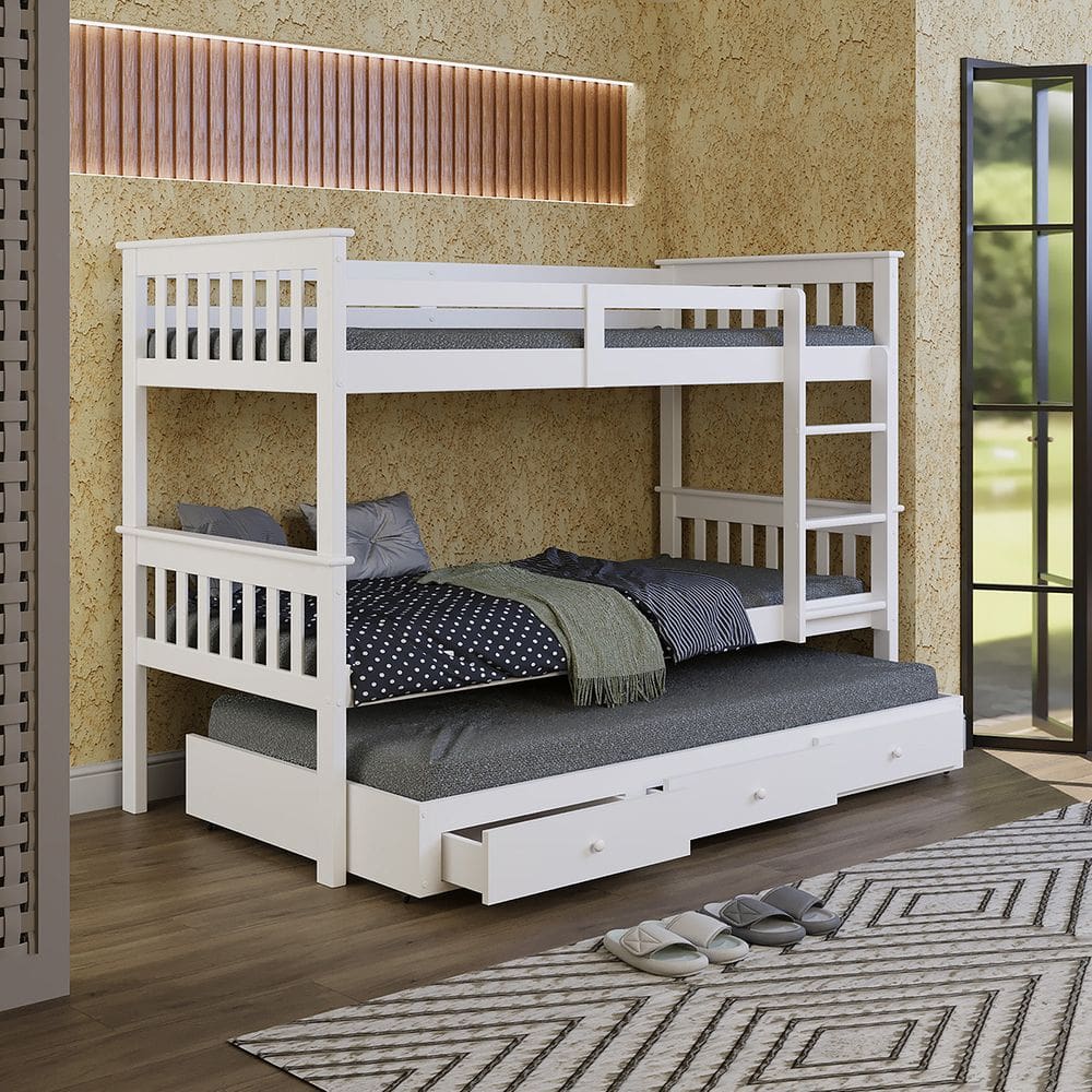 Beliche De Madeira Solteiro Merk + Cama Auxiliar Com Gavetas
