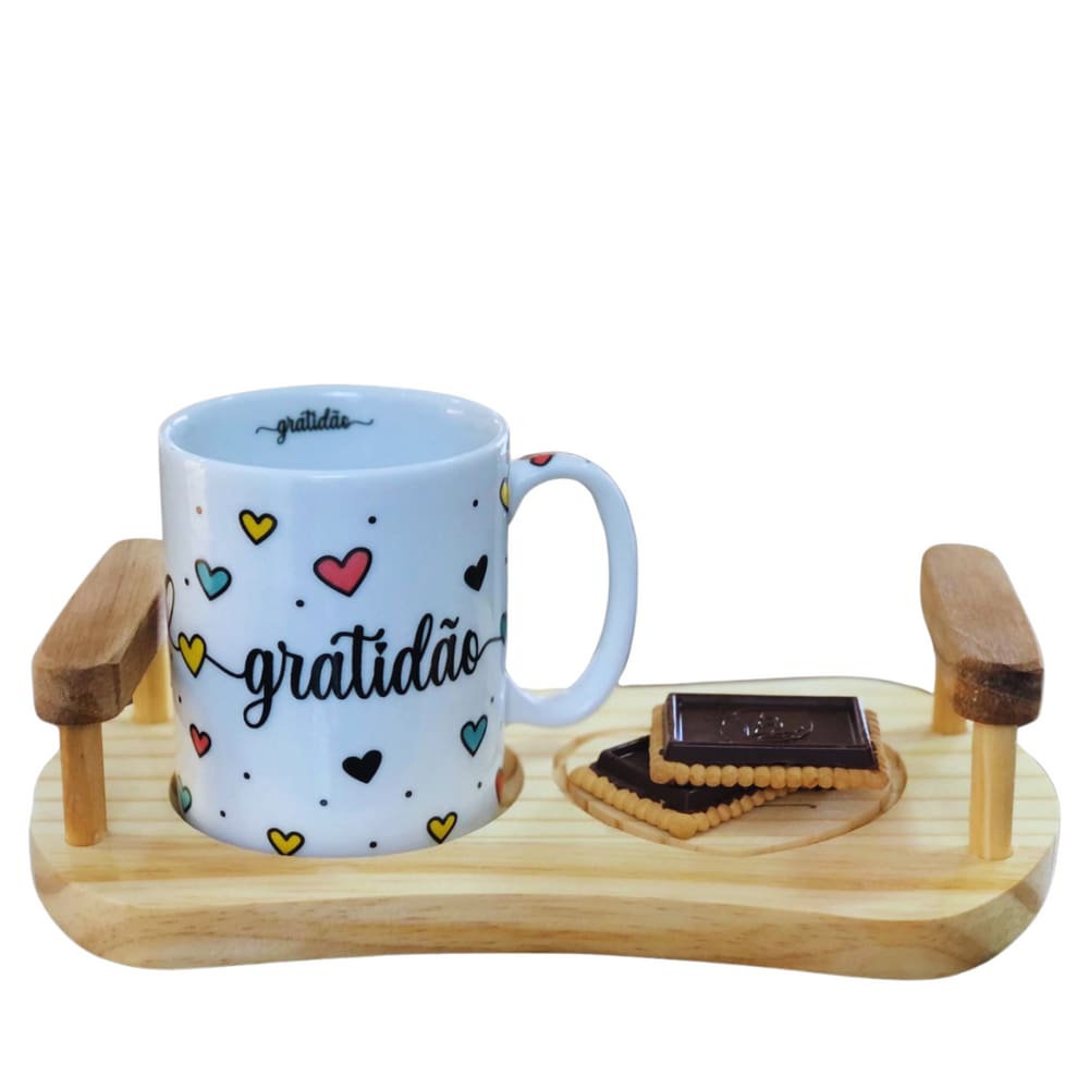 Kit Caneca 300ml + Bandeja Madeira Pinus Gratidão