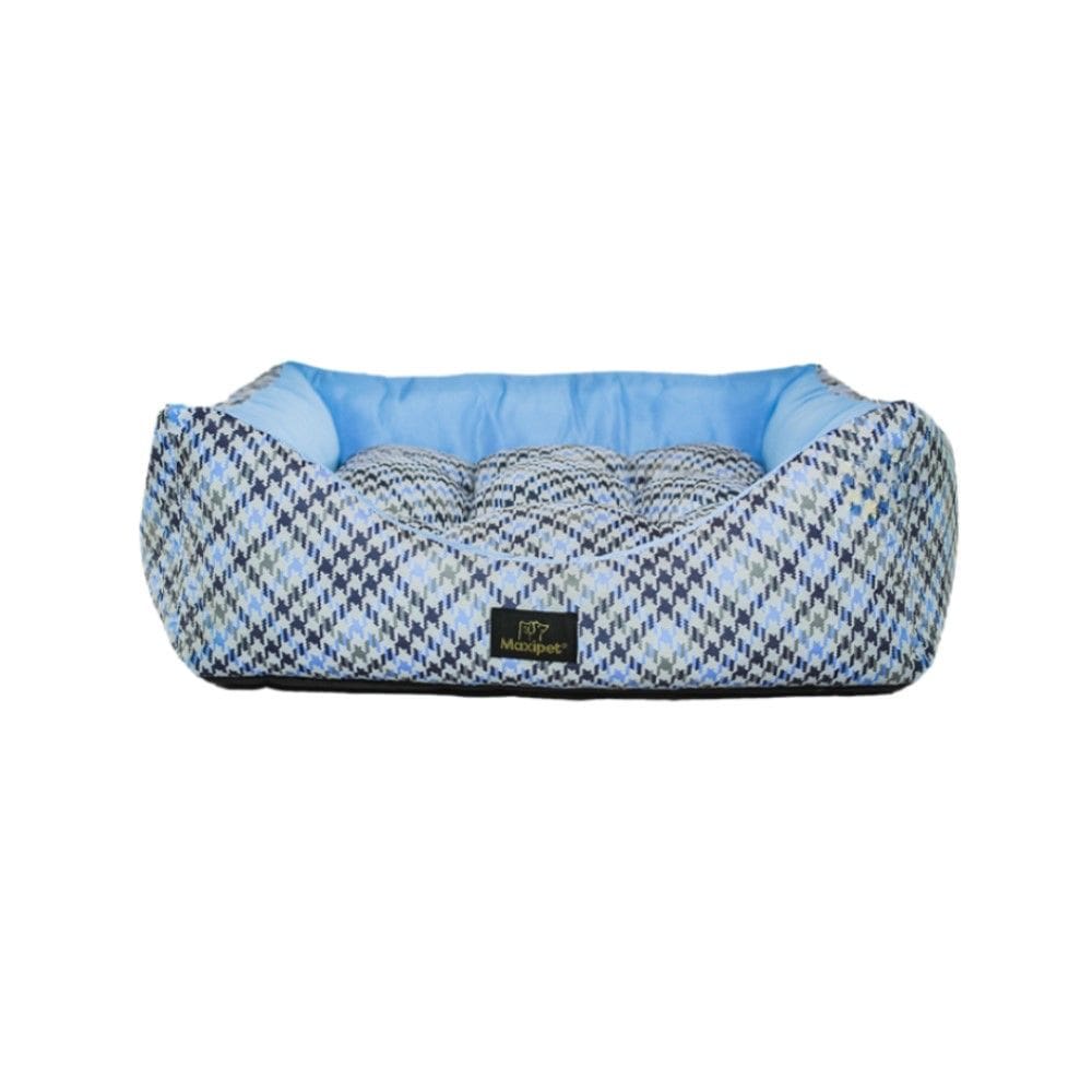 Cama para Cachorro Quadrada em Poliéster Pied de Poule Azul e Cinza Grande (GG) 50 x 50 cm