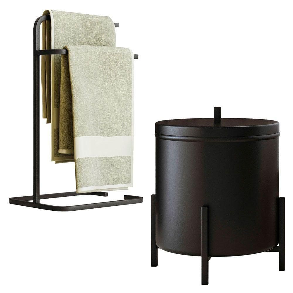 Kit Porta Toalha De Rosto E Lixeira De Banheiro 6l Eleganza Metal Preto