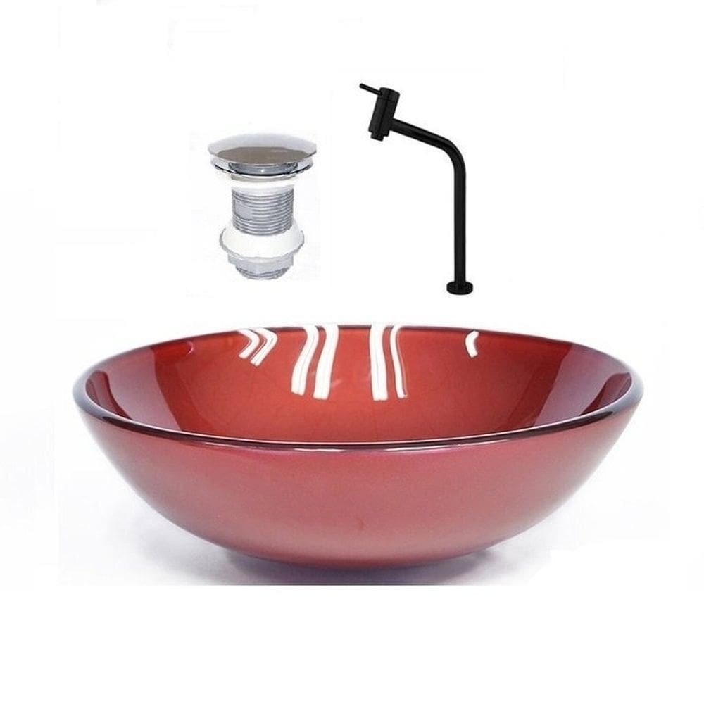 Cuba de Vidro Redonda 31cm Vermelho Cereja + Valvula + Torneira Vermelho Cereja