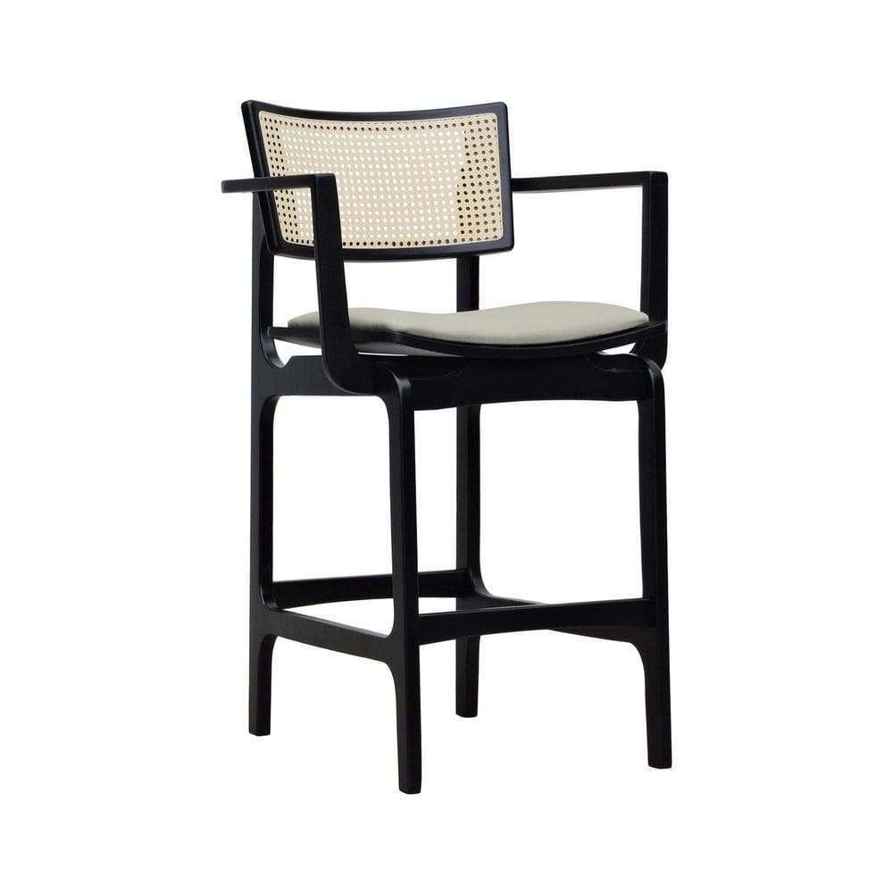 Banqueta Alta Bistrô Apollo Com Braços Madeira Maciça Encosto Telinha Assento Anatômico Estofado Linho Preto/Bege