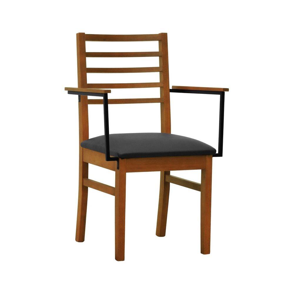 Cadeira Tiê Com Braços Madeira Maciça Encosto Ripado Assento Estofado Sintético Amêndoa/Preto