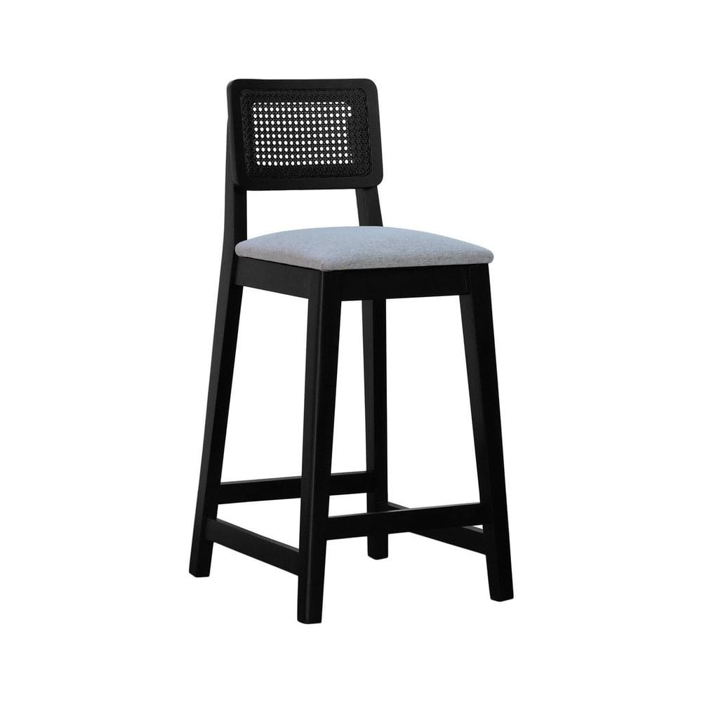 Banqueta Gabi com 68cm Altura Madeira Maciça Encosto Telinha Assento Estofado Linho Preto/Branco