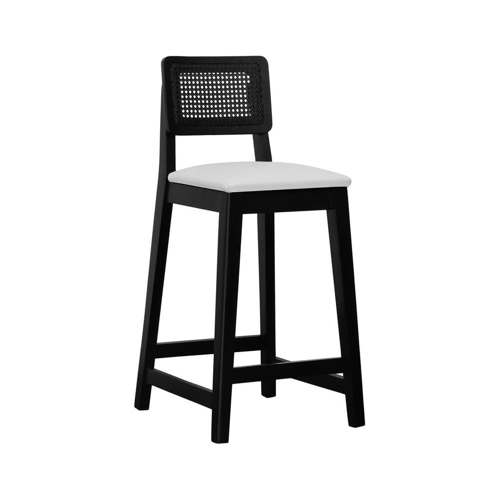Banqueta Gabi 68cm Altura Madeira Maciça Encosto Telinha Assento Estofado Sintético Preto/Bege