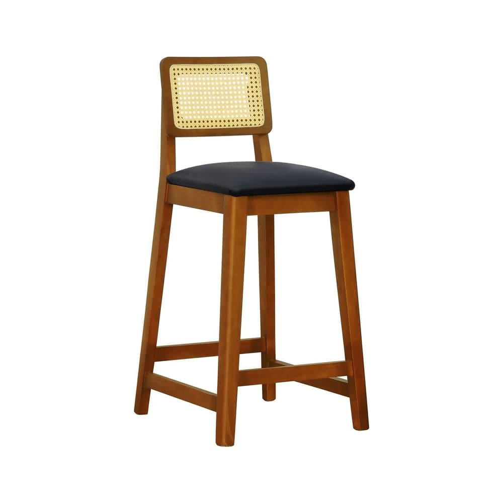 Banqueta Gabi 68cm Altura Madeira Maciça Encosto Telinha Assento Estofado Sintético Amêndoa/Preto