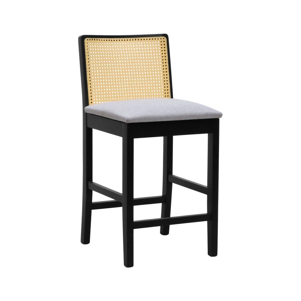 Banqueta Média Pérola com 62cm Altura Madeira Maciça Encosto Telinha Assento Estofado Linho Preto/Bege