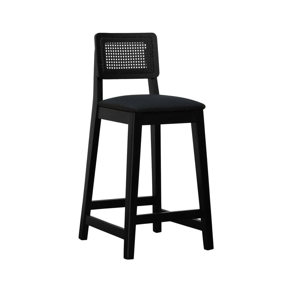 Banqueta Gabi com 68cm Altura Madeira Maciça Encosto Telinha Assento Estofado Linho Preto
