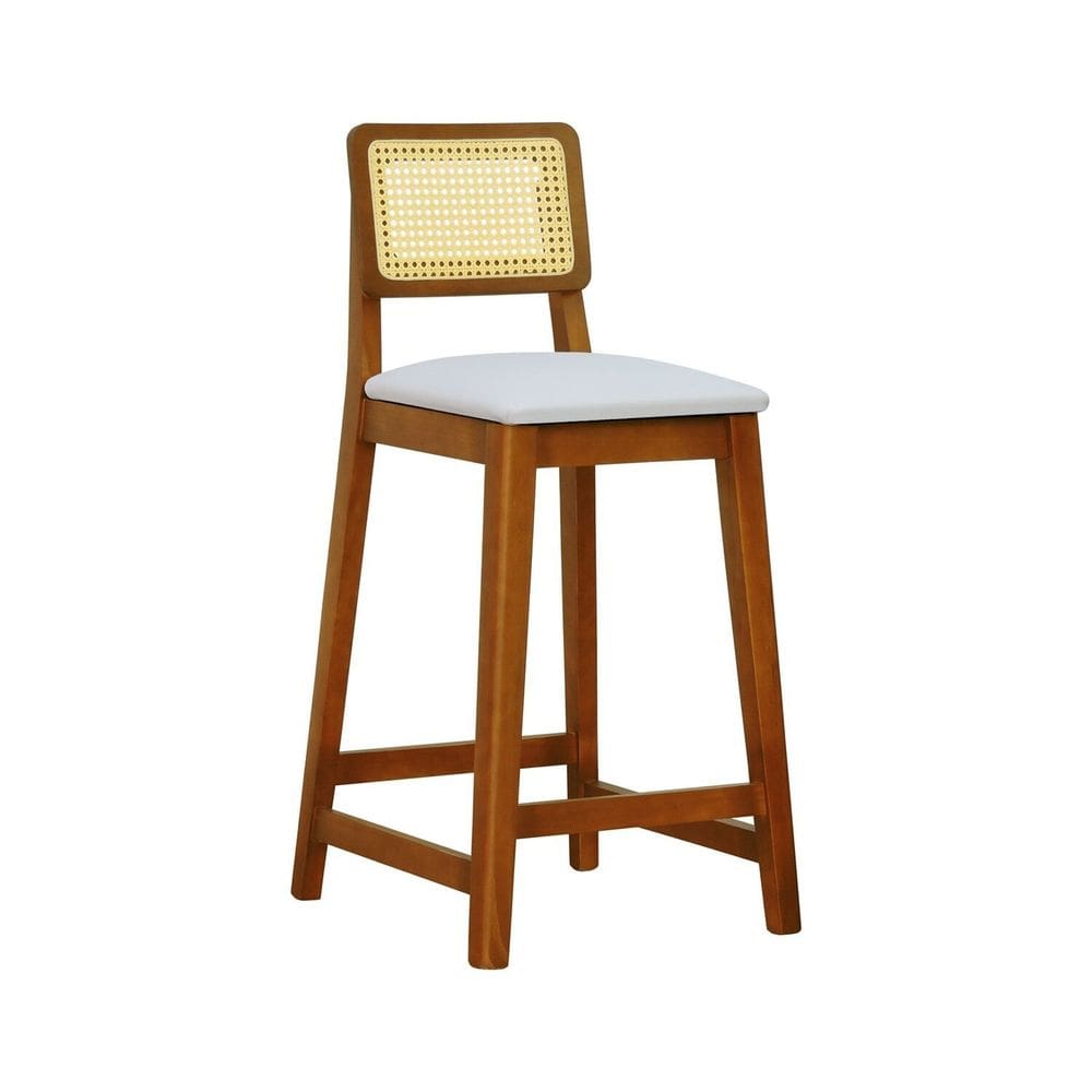 Banqueta Gabi 68cm Altura Madeira Maciça Encosto Telinha Assento Estofado Sintético Amêndoa/Bege