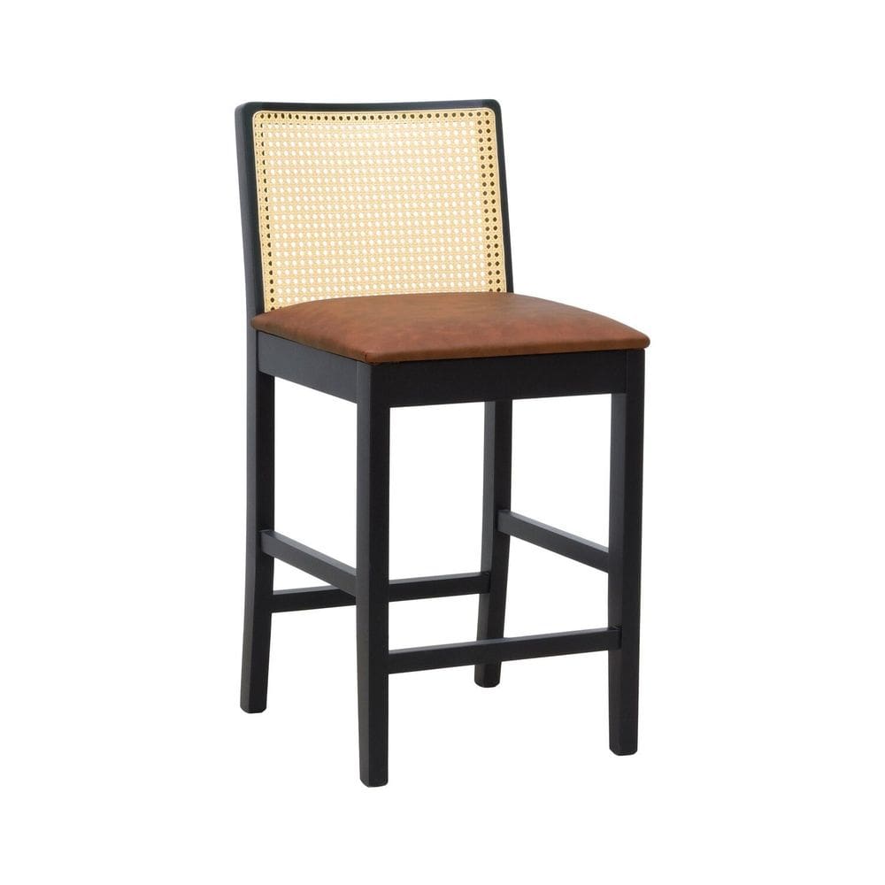 Banqueta Média Pérola com 62cm Altura Madeira Maciça Encosto Telinha Assento Estofado Sintético Preto/Marrom