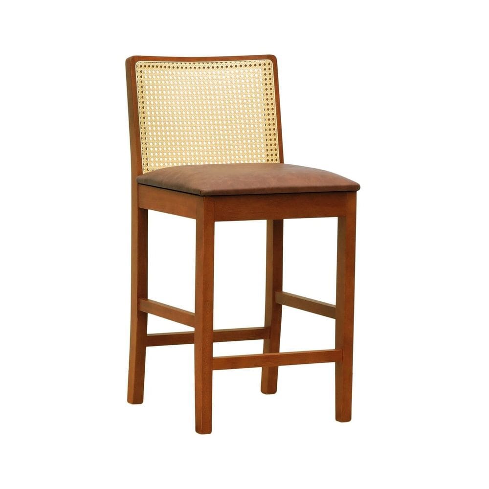 Banqueta Média Pérola com 62cm Altura Madeira Maciça Encosto Telinha Assento Estofado Sintético Amêndoa/Marrom