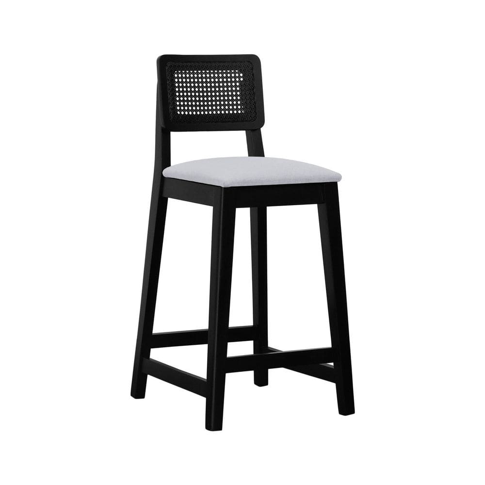 Banqueta Gabi com 68cm Altura Madeira Maciça Encosto Telinha Assento Estofado Linho Preto/Branco