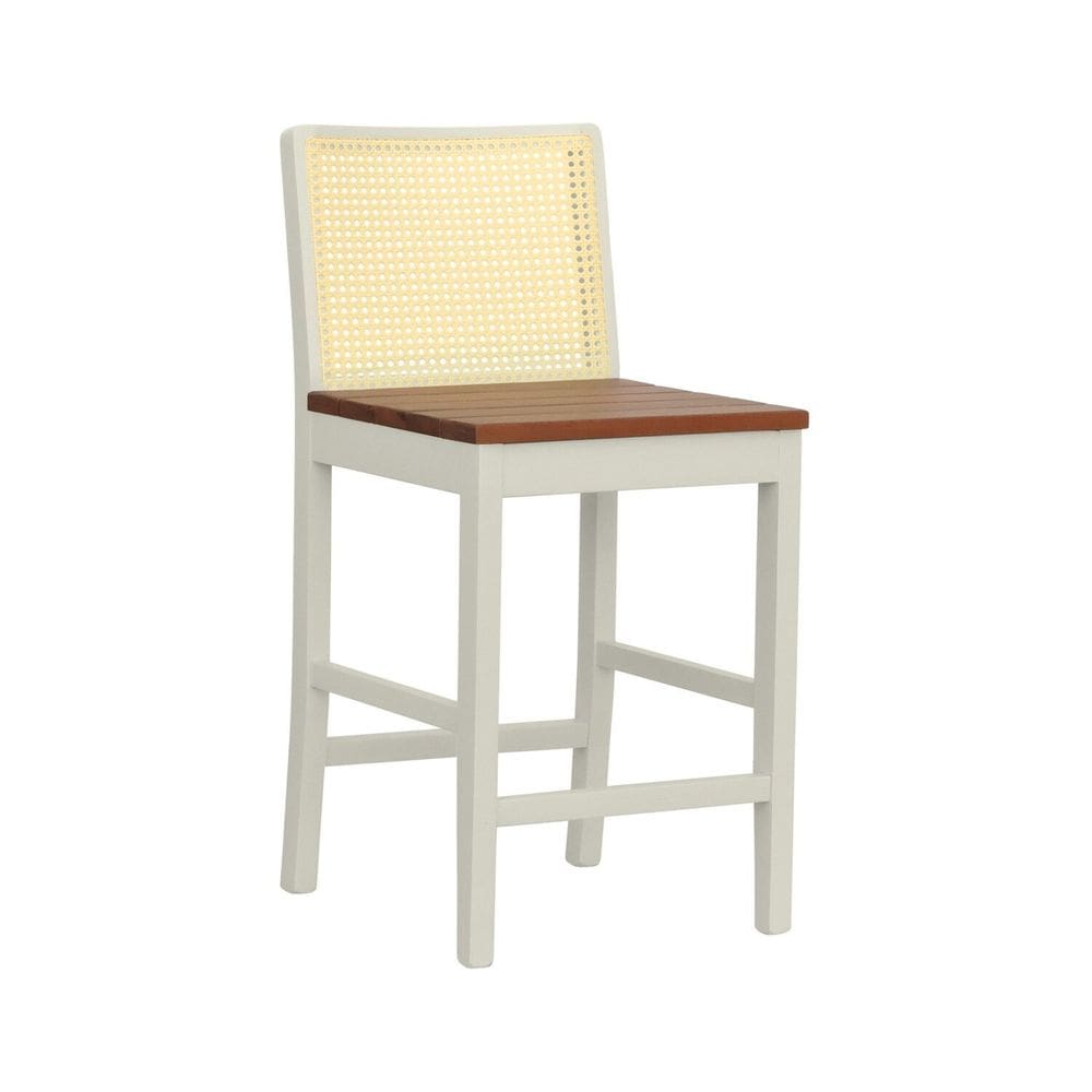 Banqueta Média Pérola com 62cm Altura Madeira Maciça Encosto Telinha Assento Ripado Off White/Amêndoa