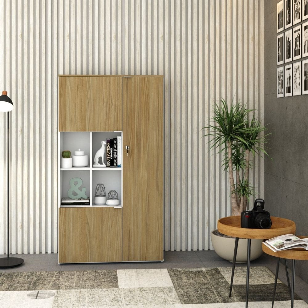 Armário Alto com Nicho e 3 Portas 161,5cm x 90cm x 42cm Branco/Vermont Oak