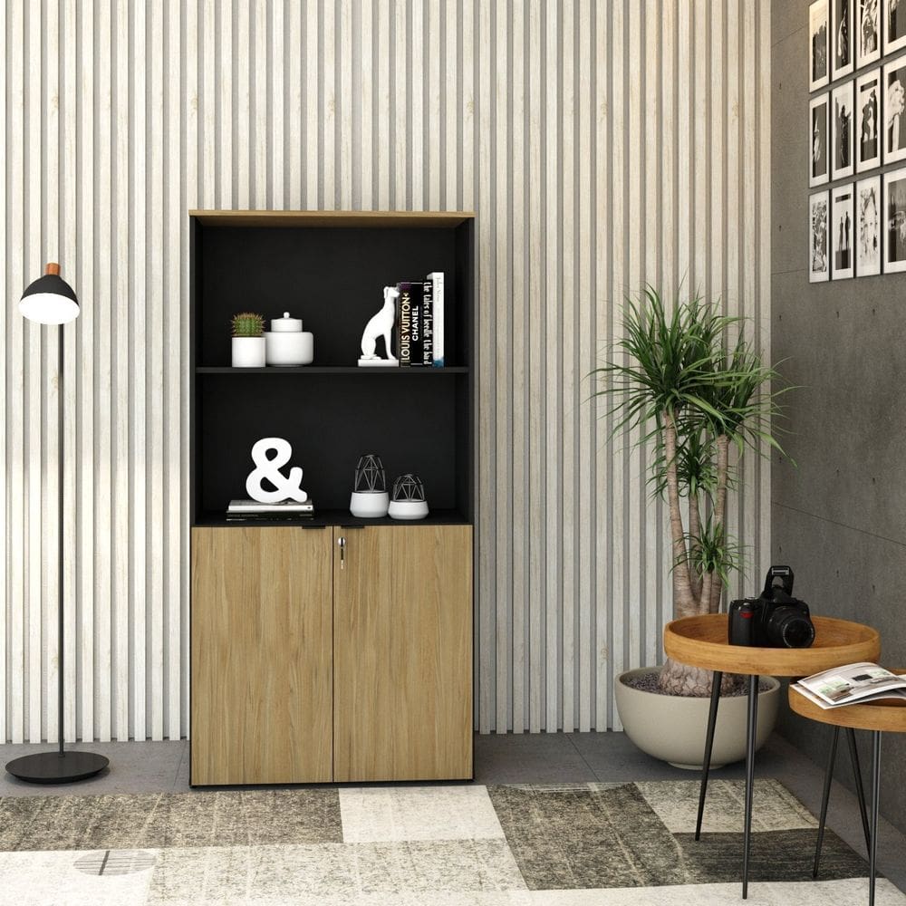 Armário Alto Estante com 2 Portas 160cm x 80cm x 42cm Preto/Vermont Oak