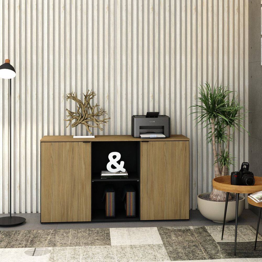 Armário Baixo com 2 Portas e Nicho 75cm x 135cm x 42cm Preto /Vermont Oak