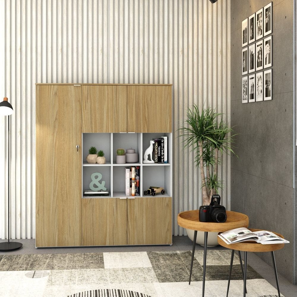 Armário Alto com Nichos e 5 Portas 161,5cm x 135cm x 42cm Branco/Vermont Oak