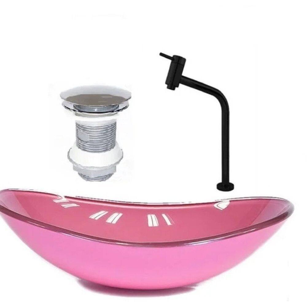 Cuba de Vidro Oval 55cm + Valvula + Torneira Rosa