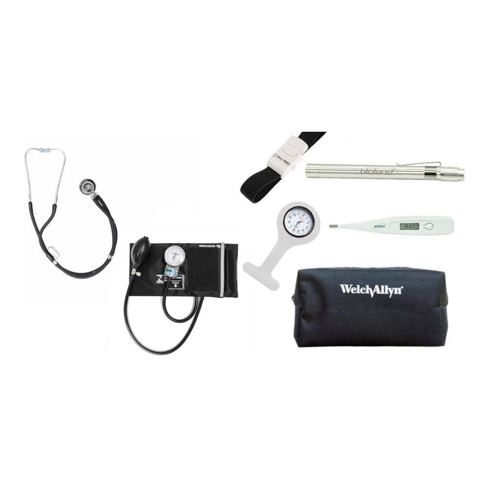 Kit Acadêmico De Enfermagem Esfigmo E Rappaport PAMED, Lanterna, Garrote, Termometro Axilar, Relogio Lapela, Estojo