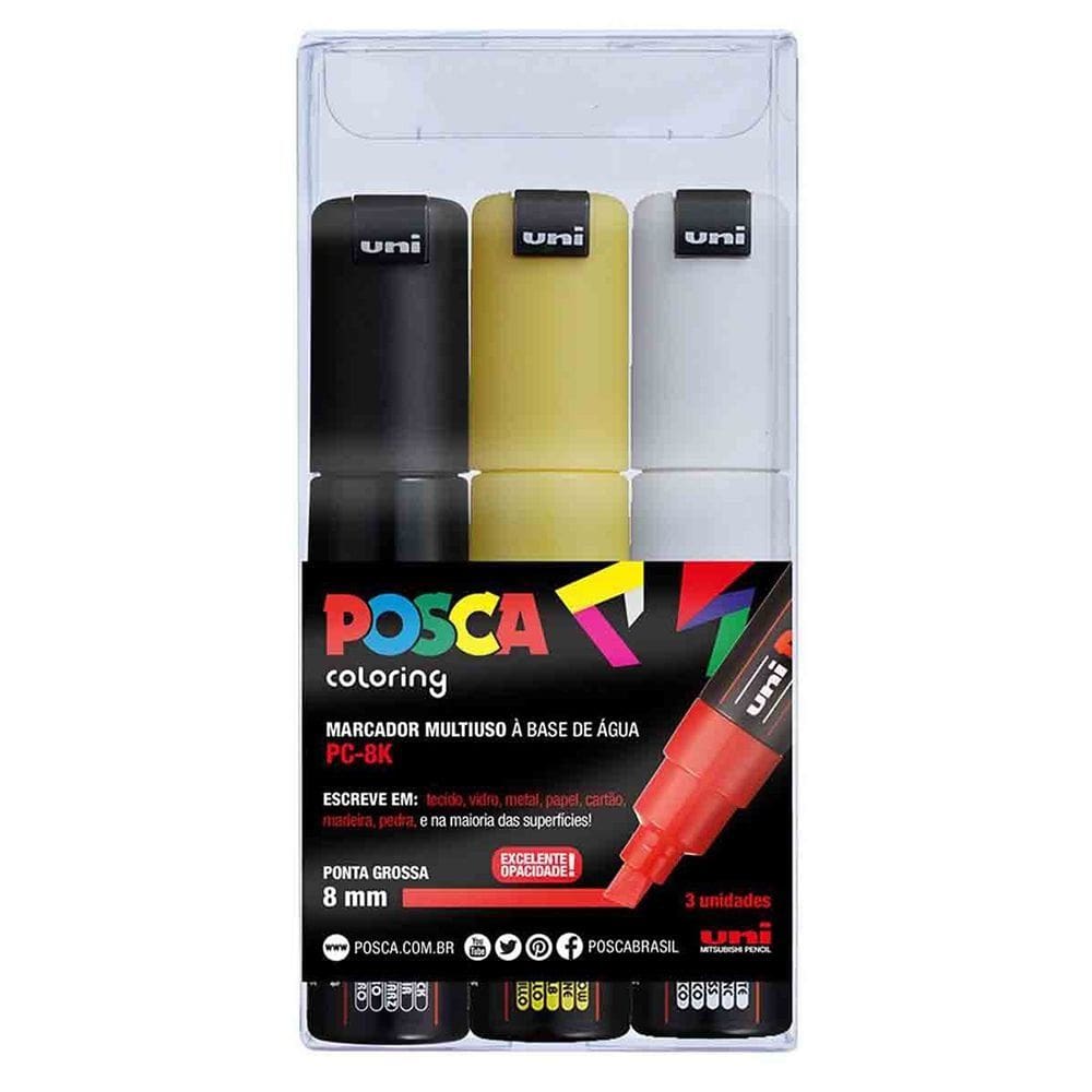 Estojo Caneta Posca Marcador Uni-Ball PC-8K C/3 Cores