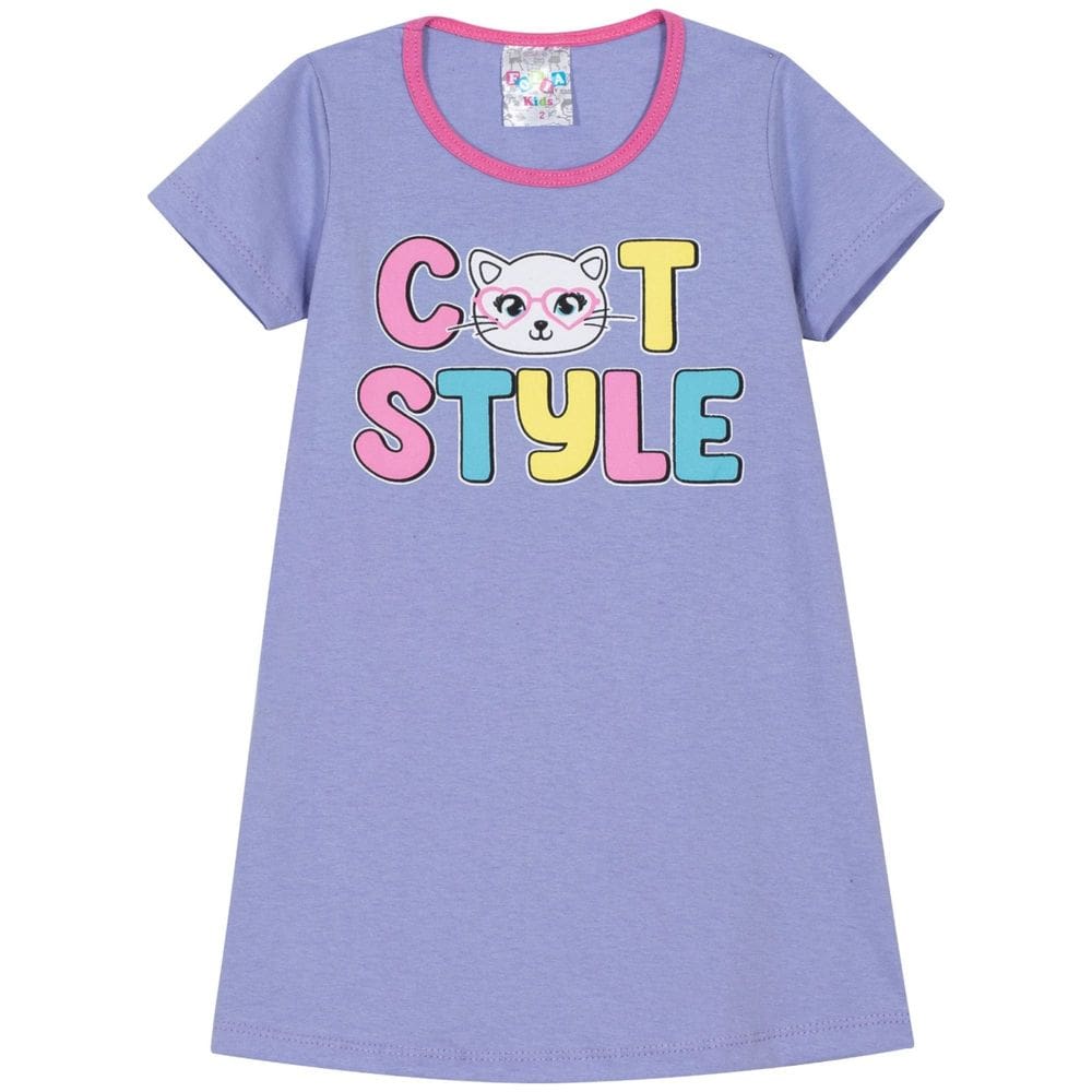 Vestido Manga Curta Lilás Estampa Divertida Menina Gatinha