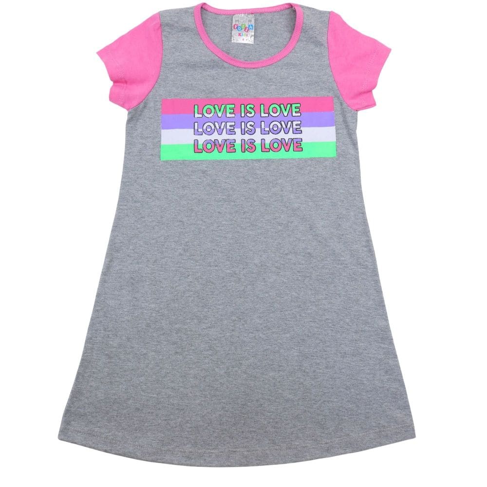 Vestido Cinza Infantil com Estampa Love is Love em Meia Malha