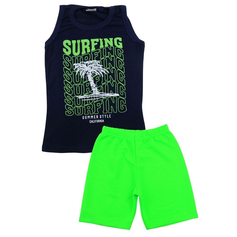 Conjunto Regata Azul Marinho Surfing Bermuda Verde Neon Menino