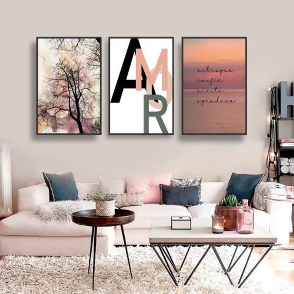 Quadro Decorativo Real Decora Tarde Colorida Frase 3 Peças