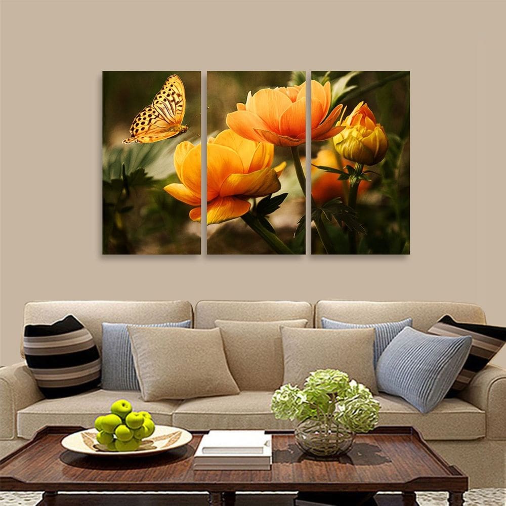 Quadro Mosaico Flores Borboleta Paisagem Para Sala Quarto