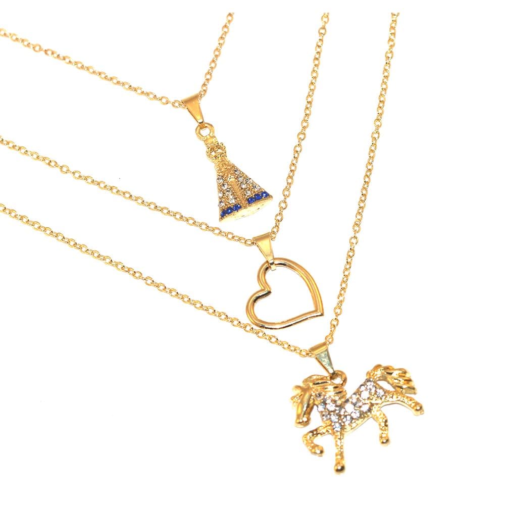 Colar Cordão Triplo Country Aparecida Cavalo Folheado 18k