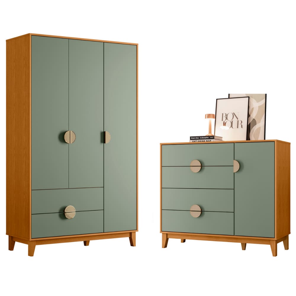 Conjunto Roupeiro e Cômoda Sapateira Cafeara Cinamomo Sálvia