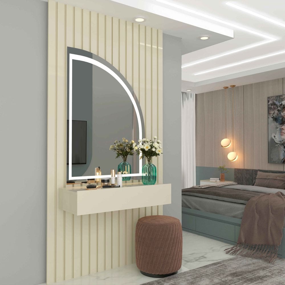 Penteadeira Realeza MDF Ripado com Led e Espelho Off White - Rede Móveis